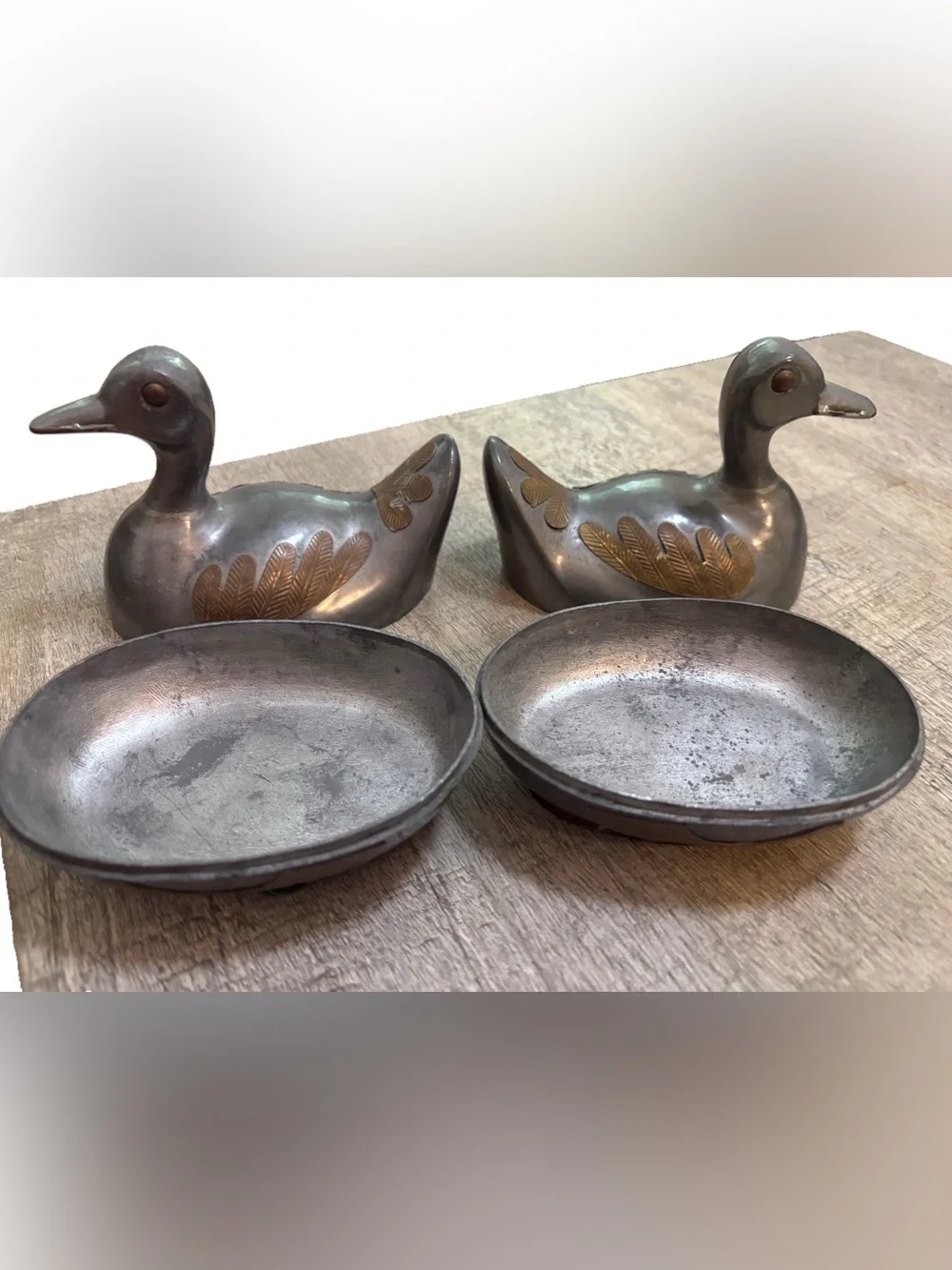 Two Vintage 5” Pewter w/ Brass Ducks w/Lids Trinket Box Heavy - Mid Century